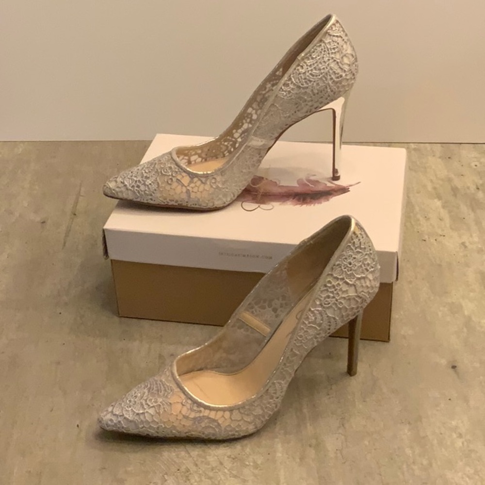 Jessica Simpson Crochet Style Heels with Silver Adornment.